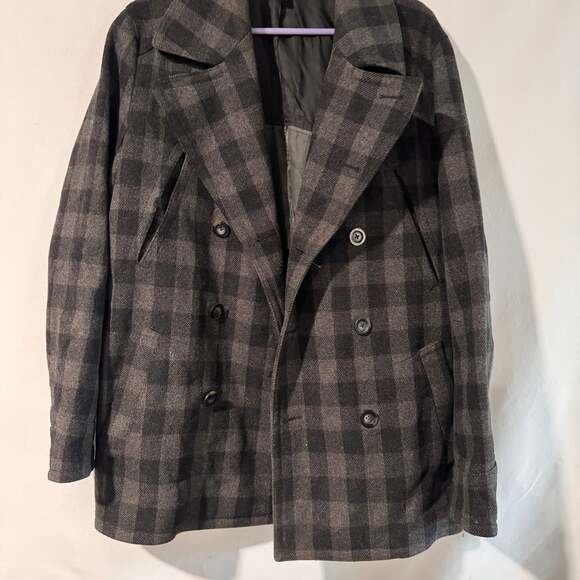 Calvin Klein men’s Black and Gray Plaid Double-Breasted Peacoat - Picture 1 of 4